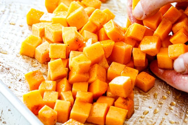 showing how to make fall salad by roasting butternut squash