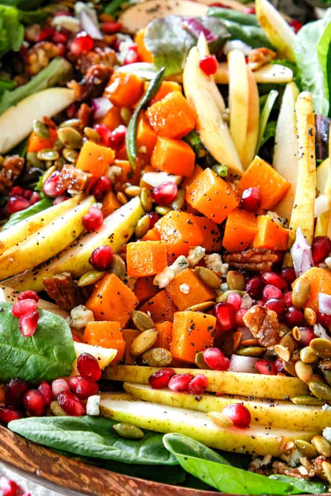 up close of Thanksgiving Fall Salad with pears, apples, pecans, cheese