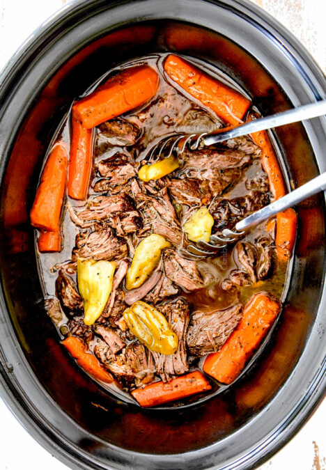 showing how to make Mississippi Pot Roast in crock pot with potataoes