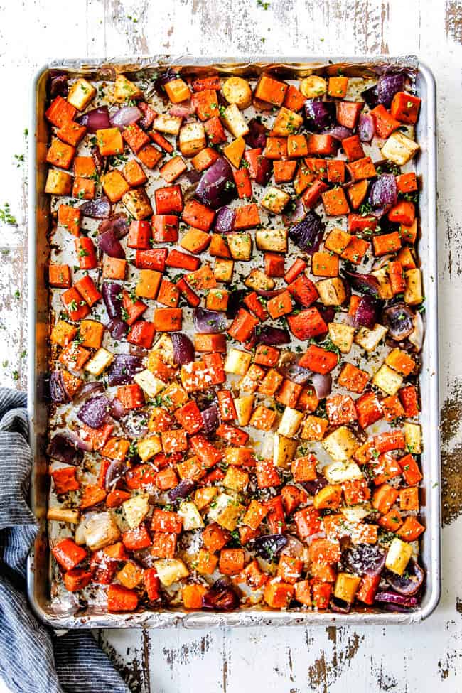 top view of a sheet pan of oven roasted vegetables