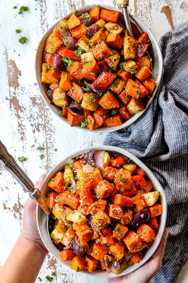 top view of two bowls of roasted root vegetables