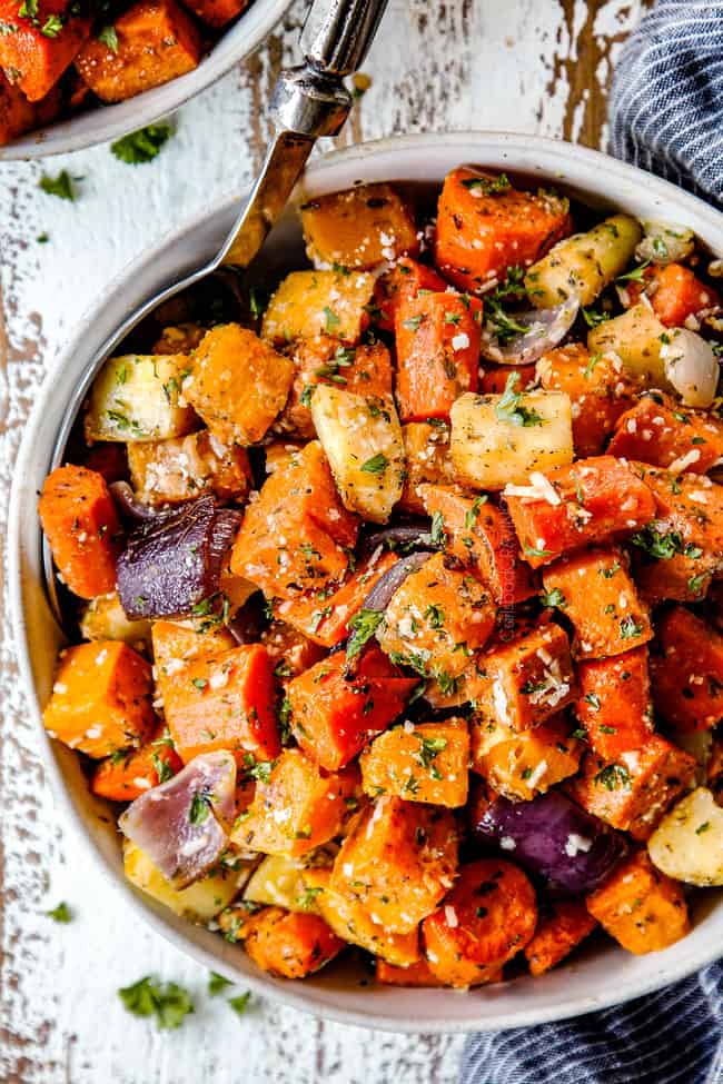 top view of Parmesan, garlic herb roasted root vegetables