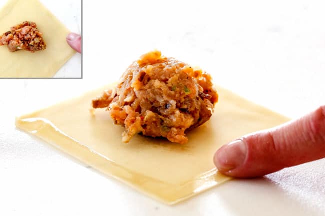 showing how to wrap wontons for wonton soup by brushing the top 2 sides of wonton with water with a finger.