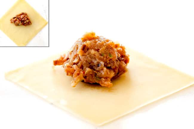 showing how to wrap wontons for best wonton soup by laying wontons on a flat surface and topping with 2 teaspoons of filling