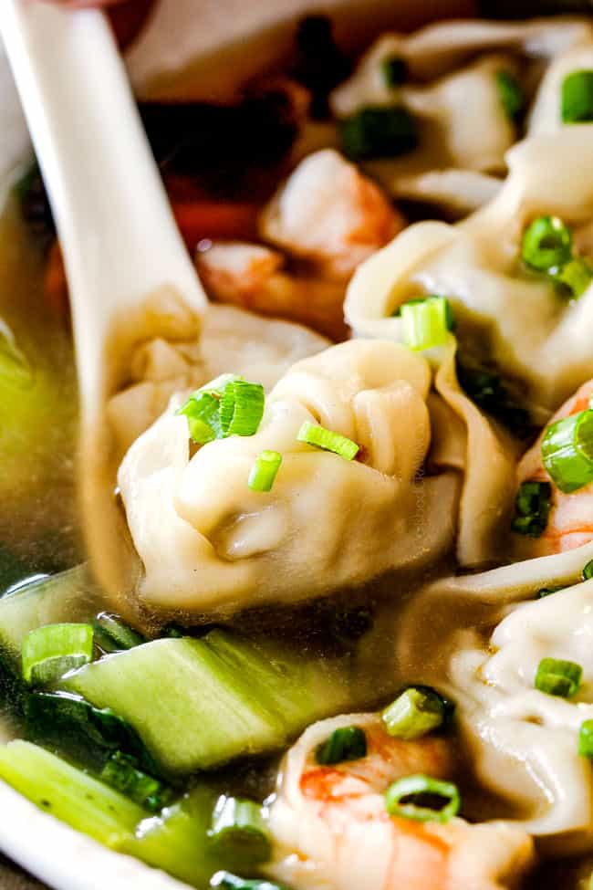 up close of authentic wonton soup recipe in a white bowl