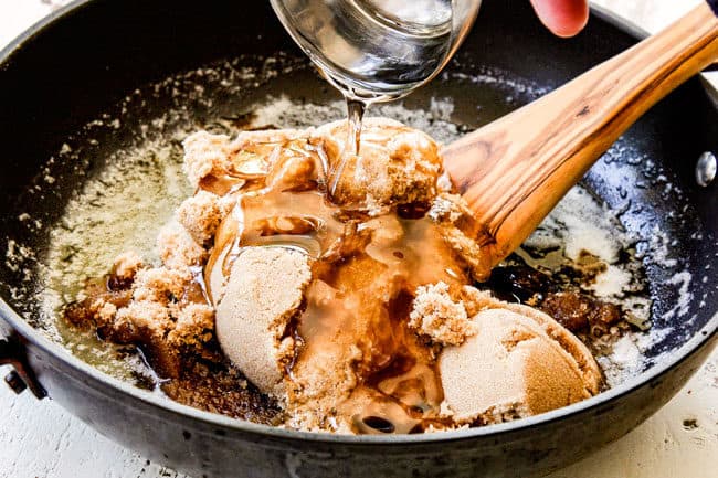 showing how to make caramel popcorn by adding brown sugar, butter, corn syrup to a saucepan