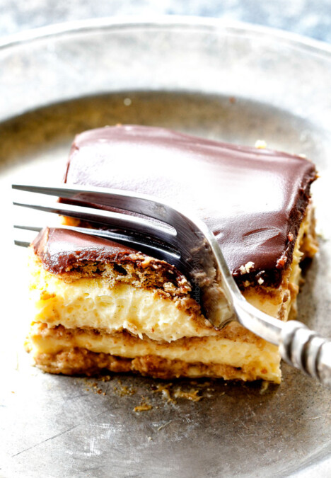 top view of a forking taking a bite of Chocolate Eclair Cake