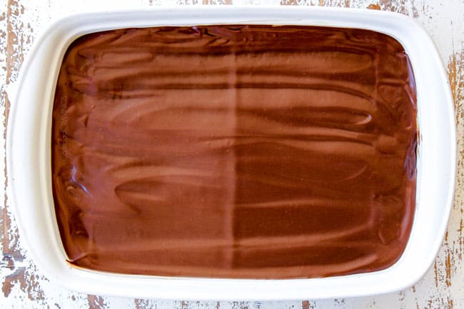 showing how to make no bake Chocolate Eclair Cake by refrigerating cake