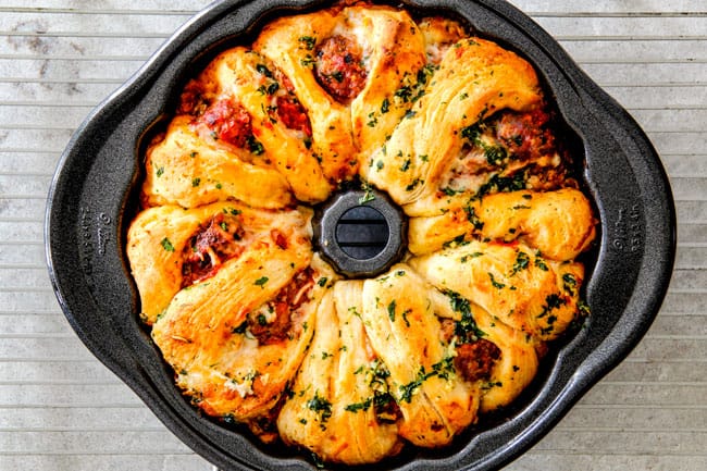 showing how to make pull apart bread by baking biscuits until golden