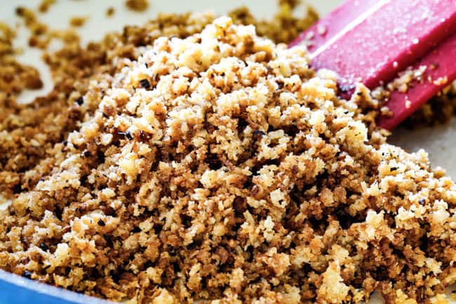 showing how to make chicken divan from scratch by toasting panko topping in a skillete