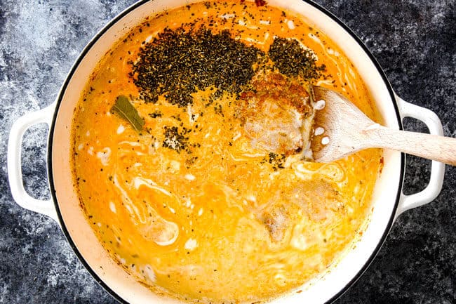 showing how to make laksa soup recipe by adding chicken, coconut milk, chicken broth, laksa paste to a large pot to simmer