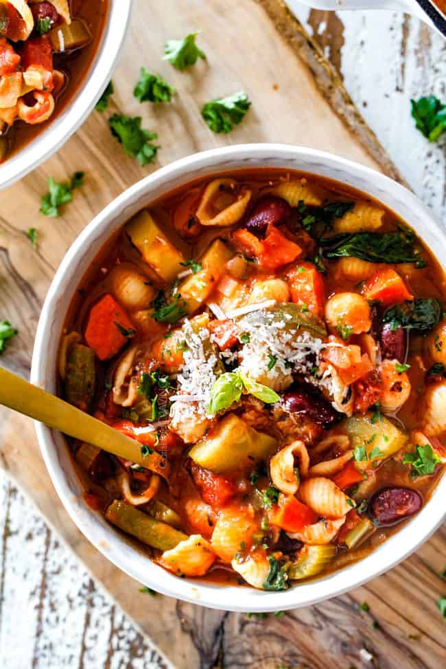 top view of a white bowl of hearty Minestrone Soup Recipe