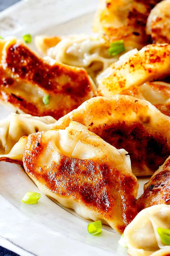 up close of a plate of easy potstickers