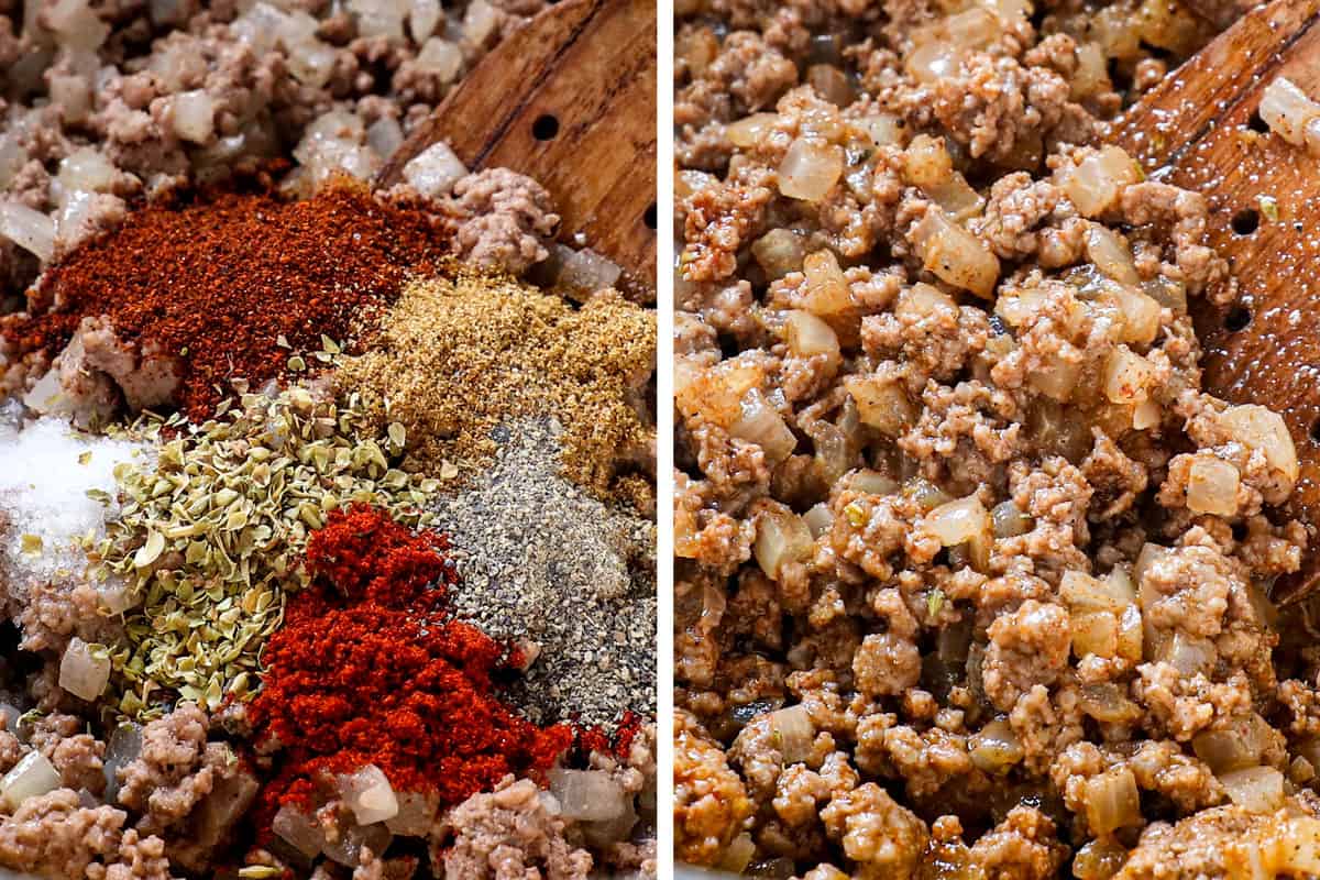 a collage showing how to make Taco Soup by browning beef with onions, then adding spices, and cooking for briefly