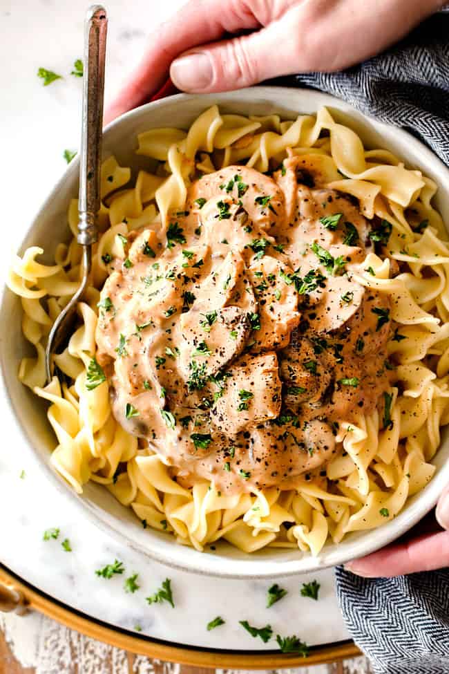 top view of Chicken Stroganoff on top of egg noodles