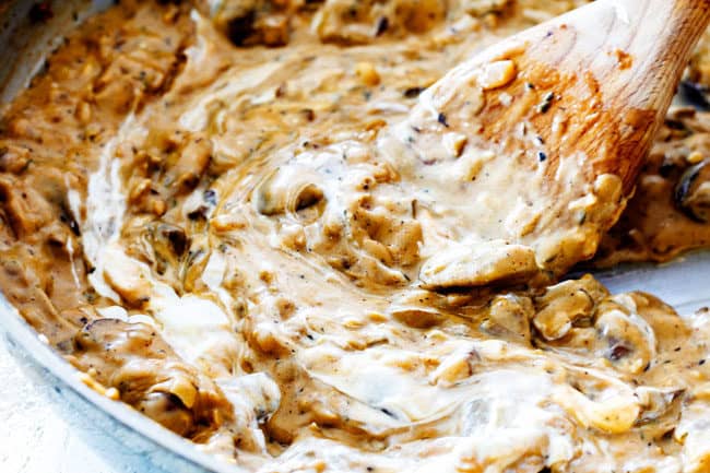 showing how to make Chicken Stroganoff by stirring our cream or Greek yogurt into Stroganoff Sauce