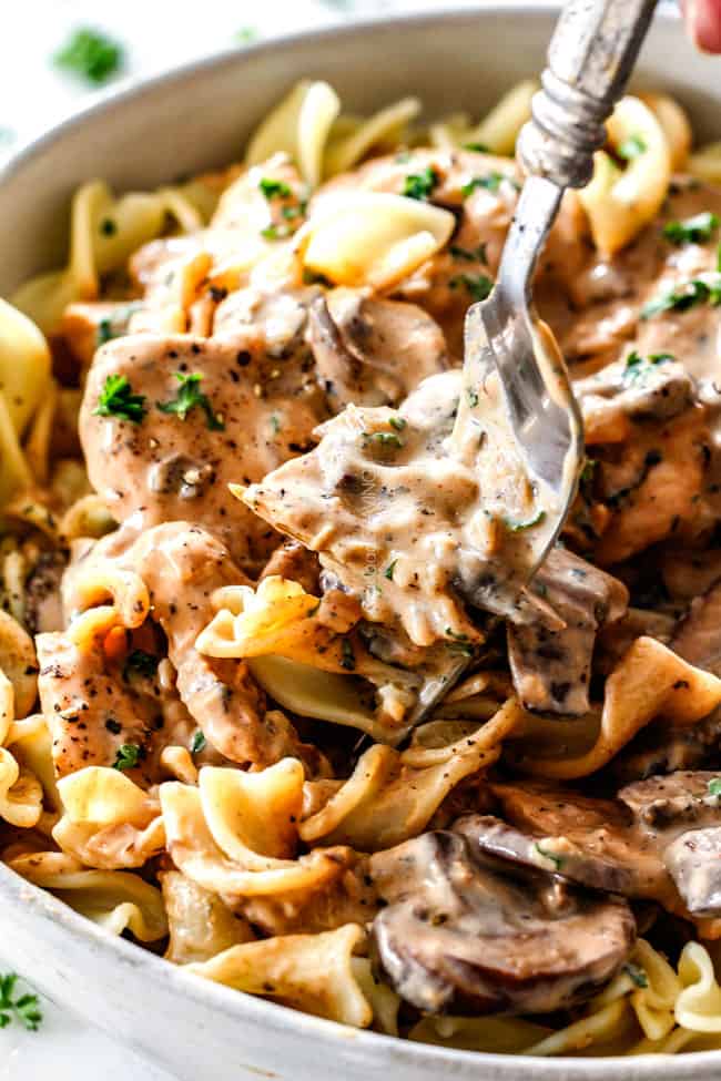 a fork eating Chicken Stroganoff from a white bowl with egg noodles