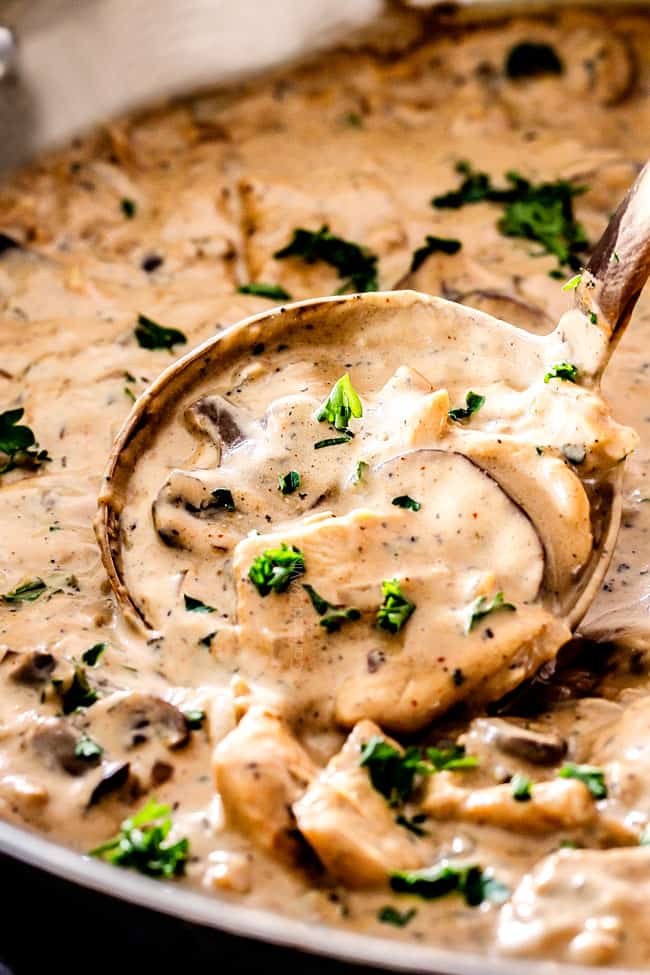 up close of creamy Chicken Stroganoff with Greek yogurt