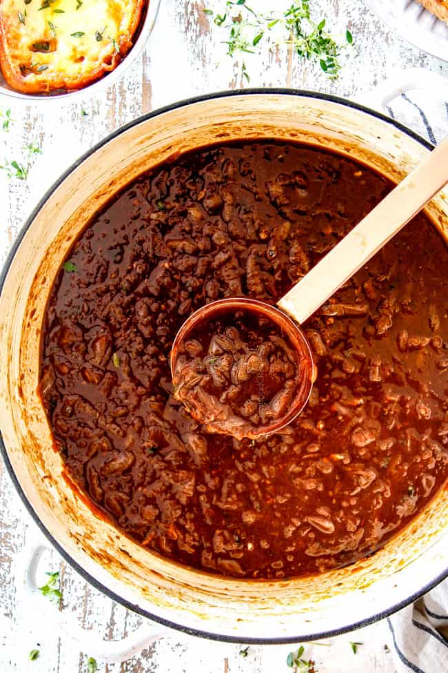 top view of a pot of classic French Onion Soup