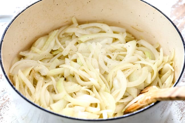 showing how to caramelize onions for French Onion Soup - photo of onions after 5 minutes