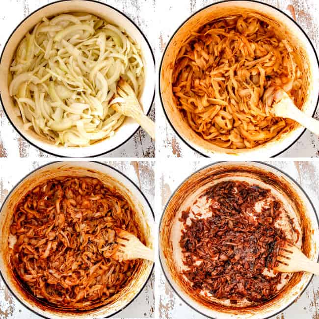 collage showing 4 stages of caramelized onions for French Onion Soup