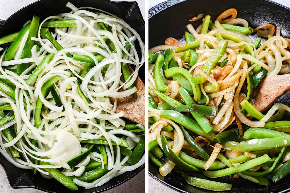 a collage showing how to make Philly cheesesteak by sautéing the bell peppers and onions until softened