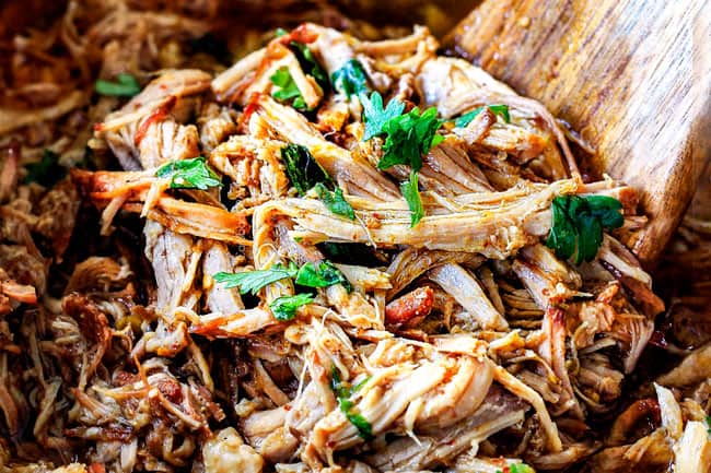 showing how to make pork fajitas by slow cooking pork with salsa verde in the crock pot