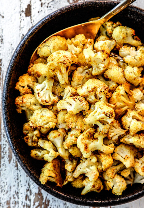 top view of spicy roasted cauliflower in a bowl