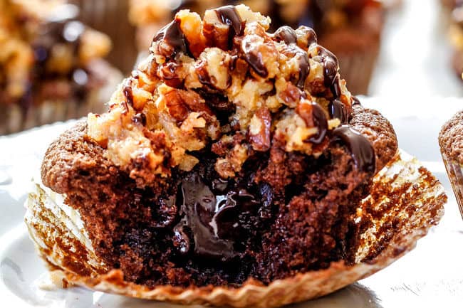 up close of chocolate ganche cupcake with creamy ganache center
