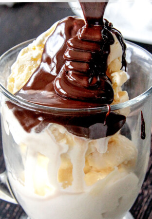 pouring chocolate ganache over ice cream like chocolate sauce