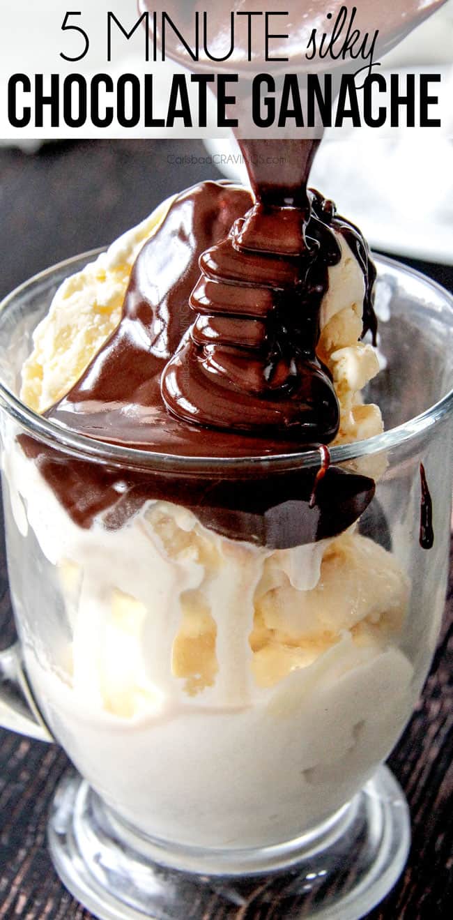 pouring chocolate ganache over ice cream like chocolate sauce