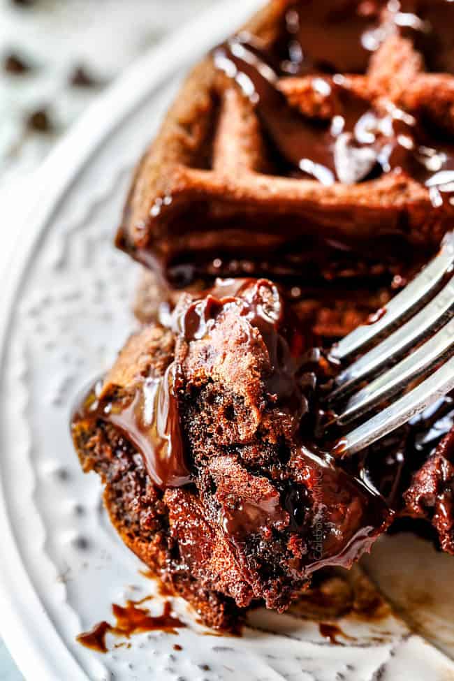 up close of double chocolate waffles on a fork