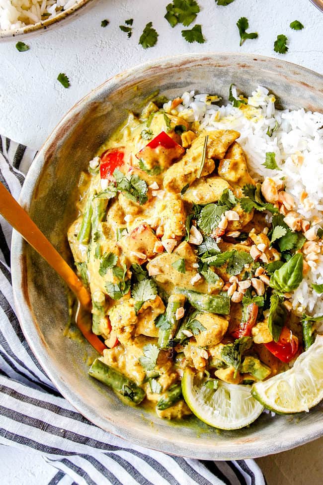 up close of top view of coconut curry chicken and vegetables in a bowl with rice