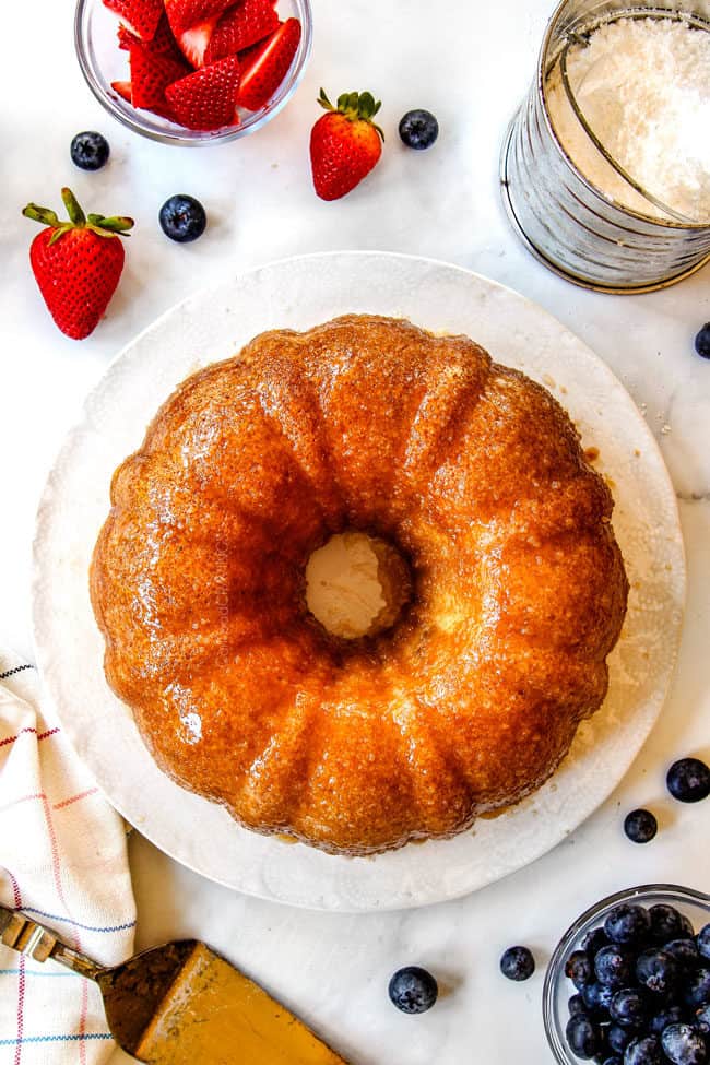 top view of rich Kentucky butter cake on a white platter