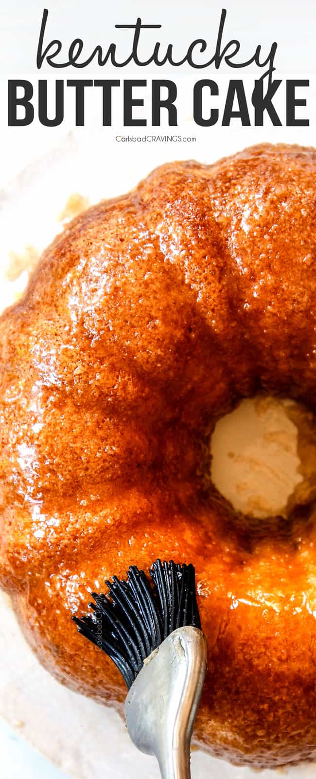 showing how to make the best Kentucky butter cake by glazing cake with butter sauce