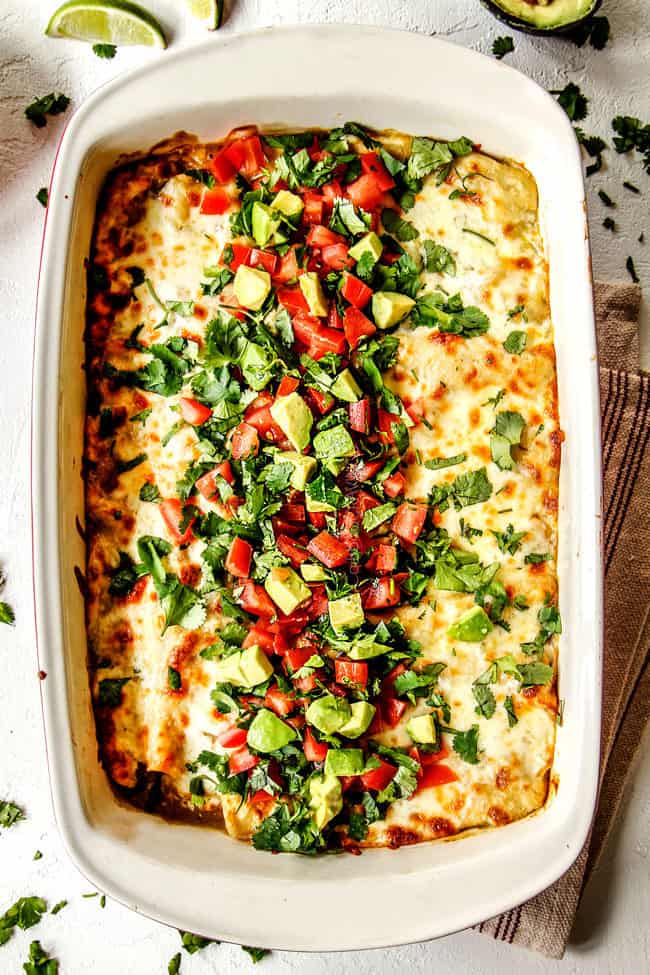 showing how to make enchiladas verdes by baking and topping with cheese, cilantro, tomatoes, avocados