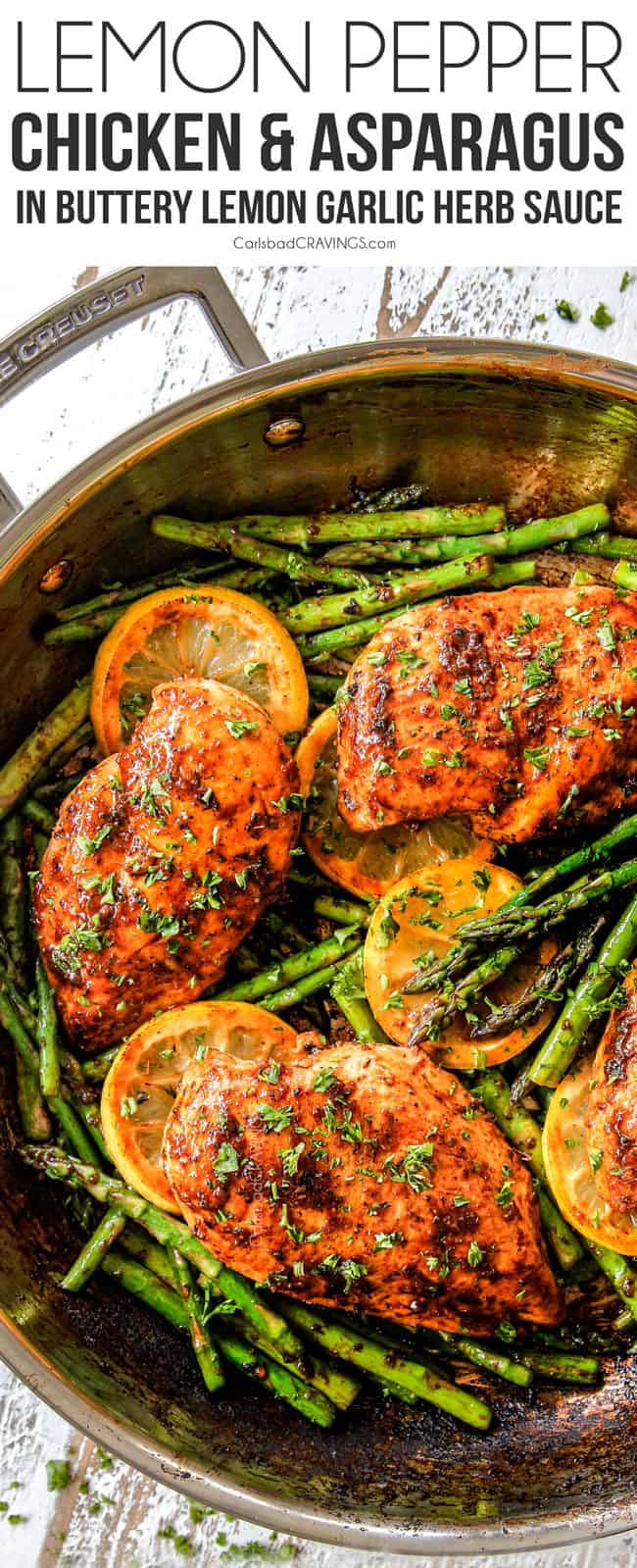top view of lemon pepper chicken and asparagus in a skillet