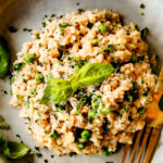 up close of a serving of garlic Parmesan risotto