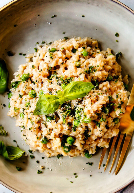 up close of a serving of garlic Parmesan risotto