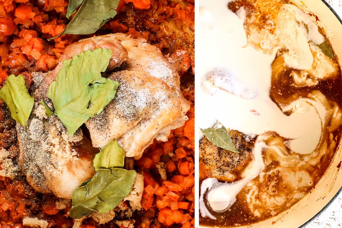 showing how to make Thai chicken soup by adding coconut milk chicken broth, soy sauce, fish sauce to the soup to simmer with the chicken