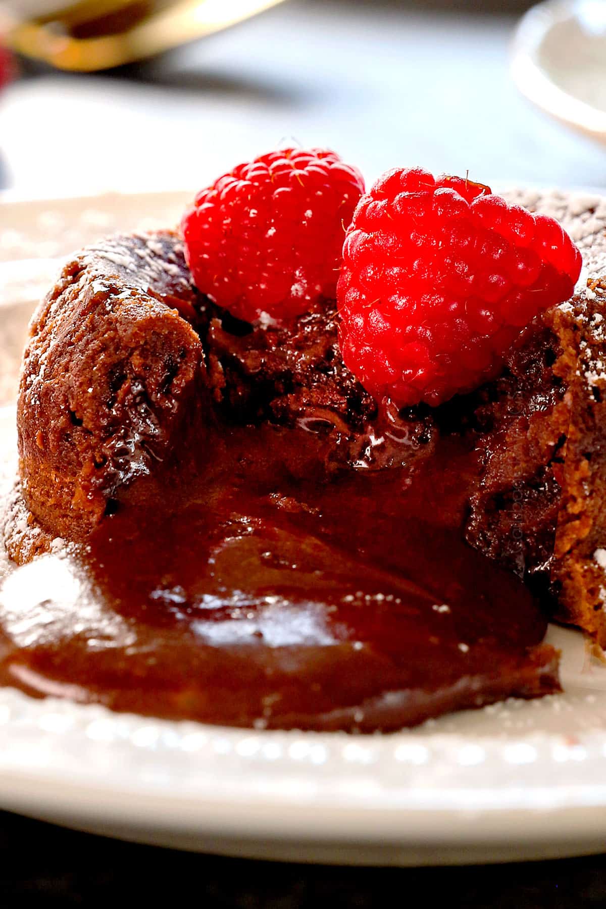 up close of lava cake recipe oozing chocolate