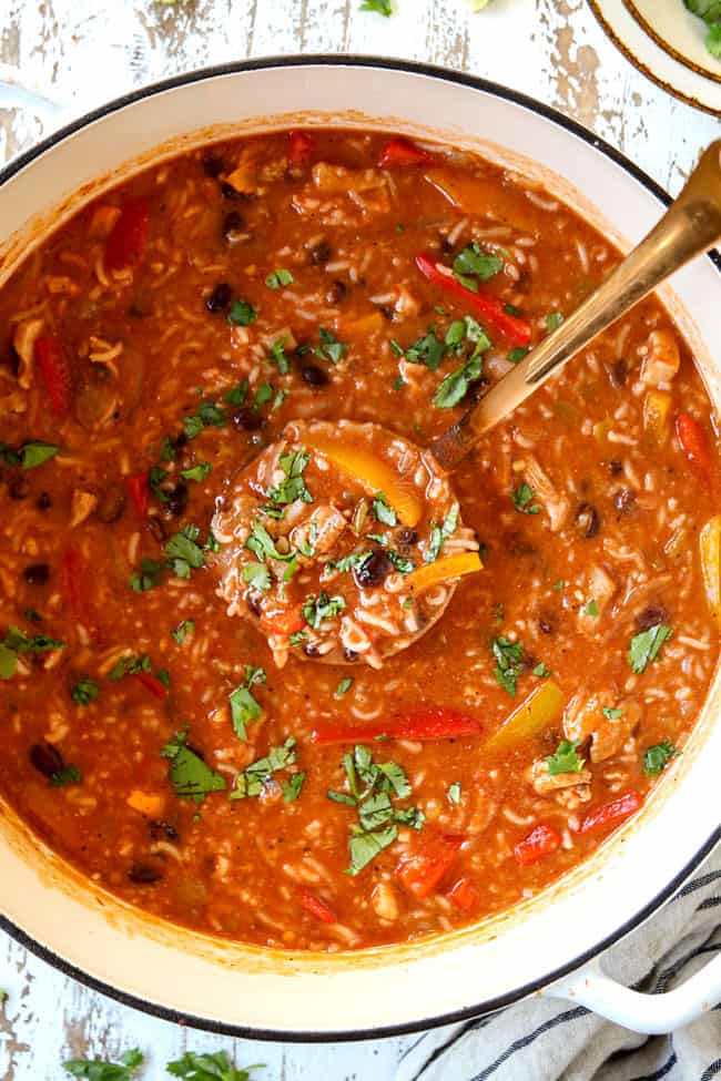 top view of creamy chicken fajita soup in a white pot