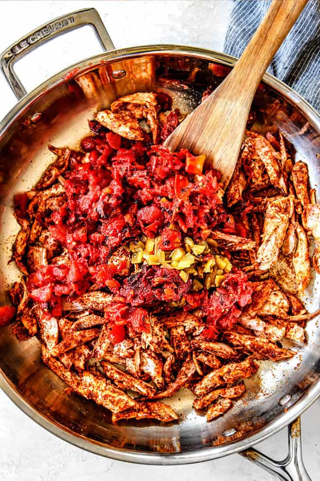 showing how to make Mexican Chicken by adding tomatoes an green chiles to chiicken