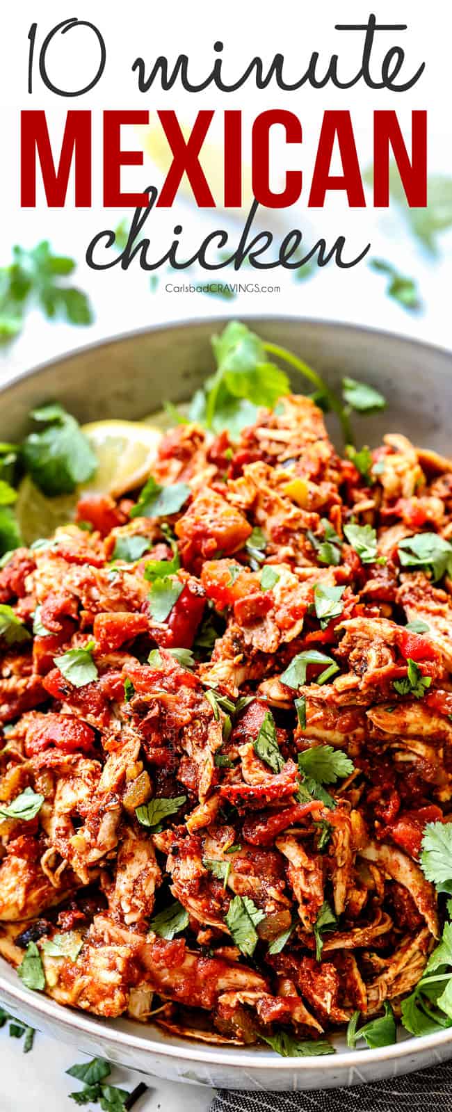 up close of easy Mexican shredded chicken with cilantro