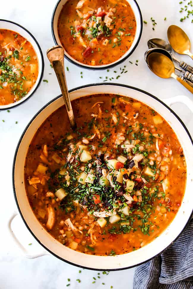 top view of navy bean soup in a white pot