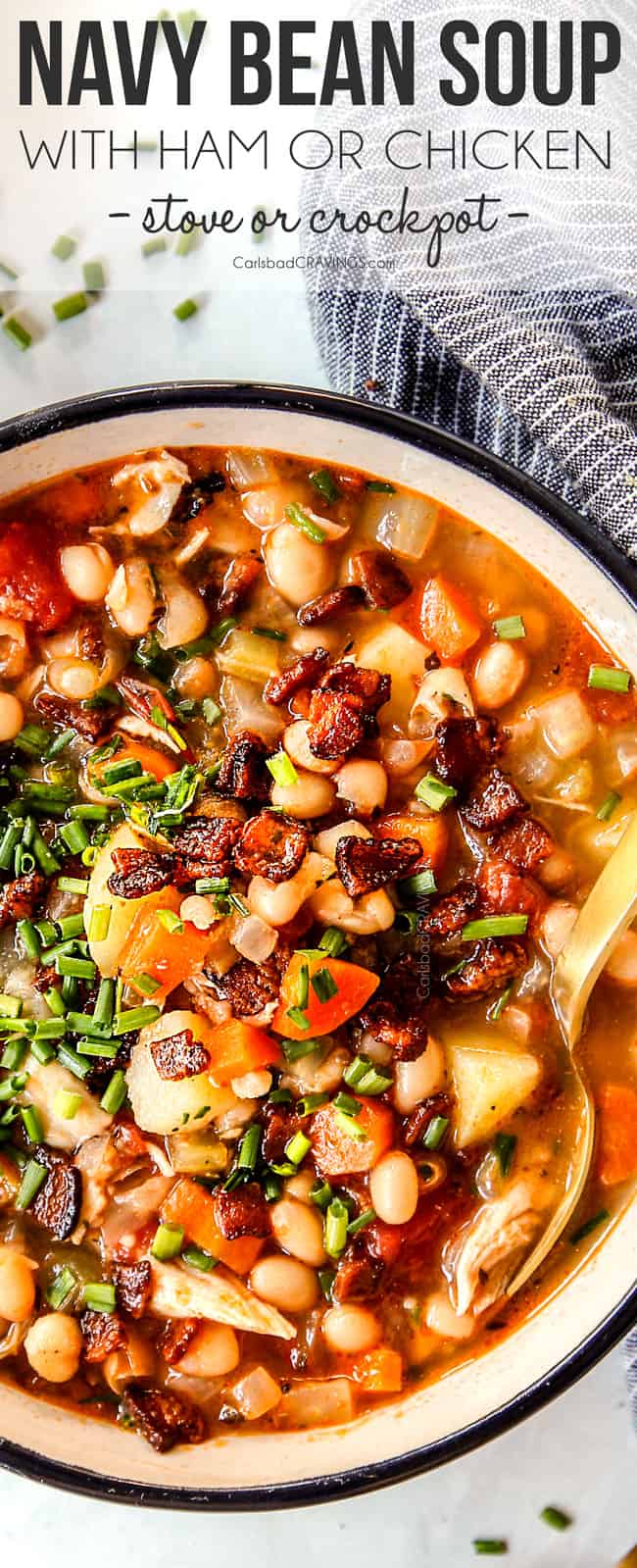 up close of a bowl of easy navy bean and ham soup with bacon