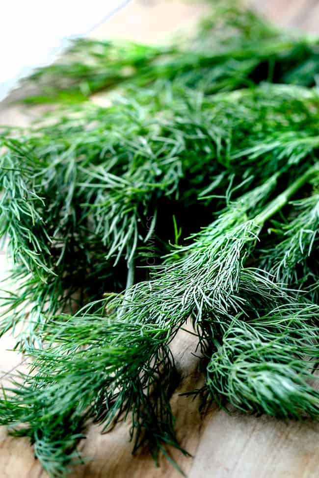 showing how to make dill sauce for salmon with an up close view of fresh dill on a cutting board