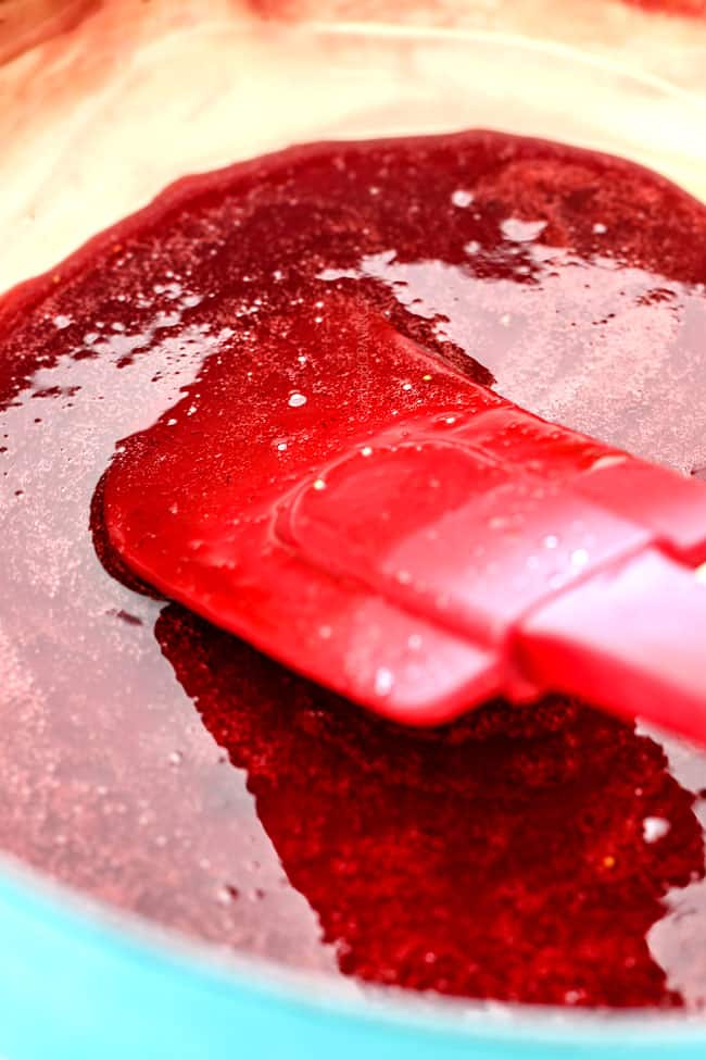 showing how to make strawberry shortcake cake by simmering strawberry juice to create a strawberry syrup