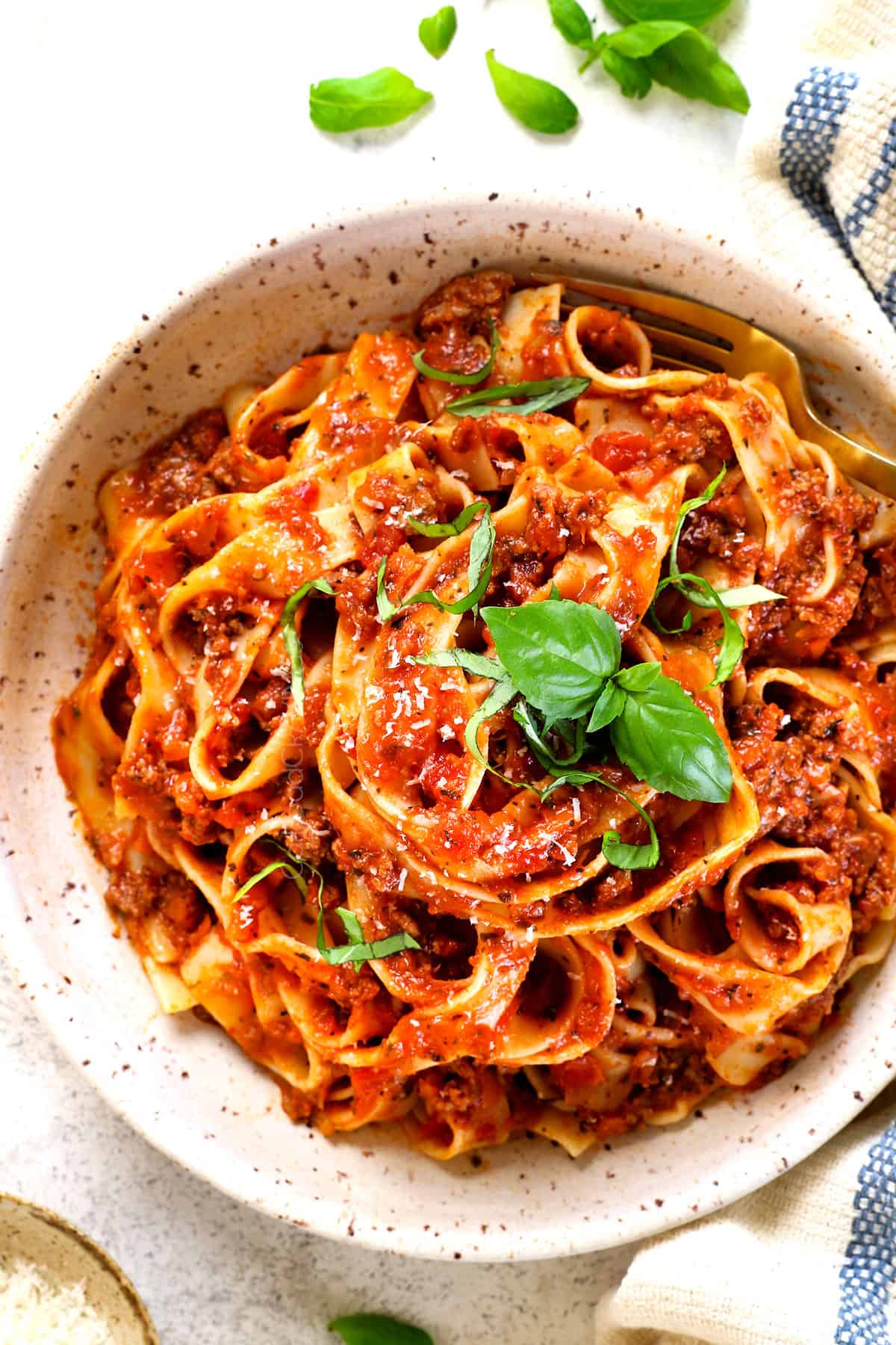top view of Bolognese recipe being served in a bowl