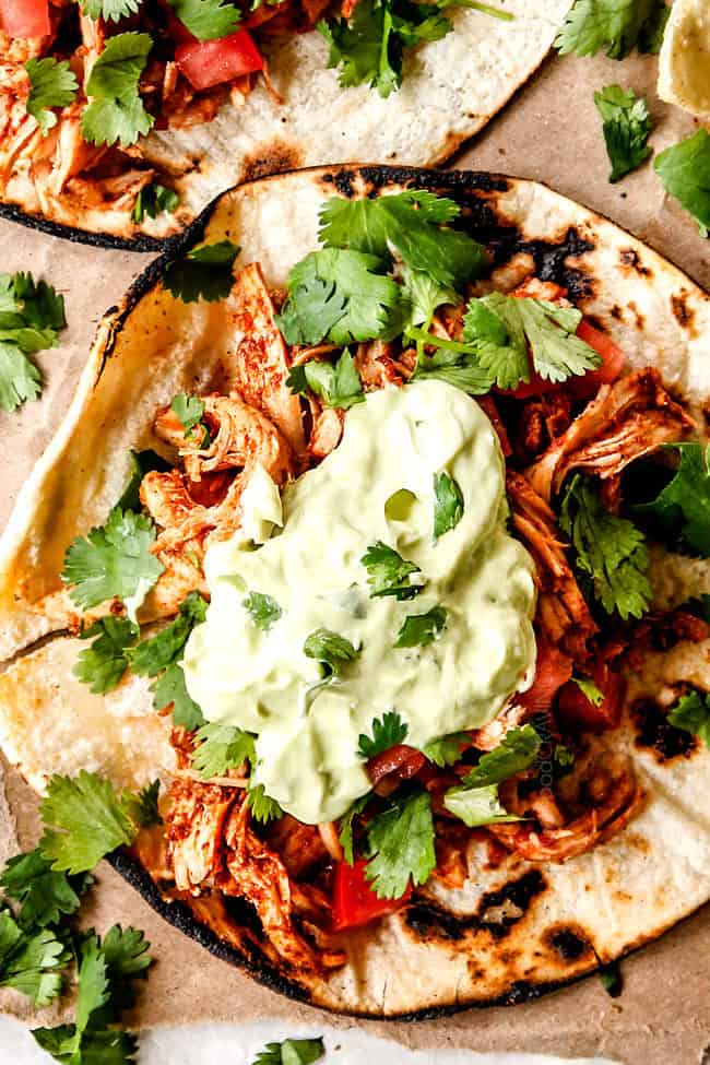 top view of tostadas with avocado crema
